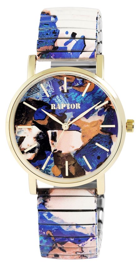 Gouden horloge met een ronde wijzerplaat met abstracte blauwe, oranje en witte print. Flexibele metalen band met bijpassende print.