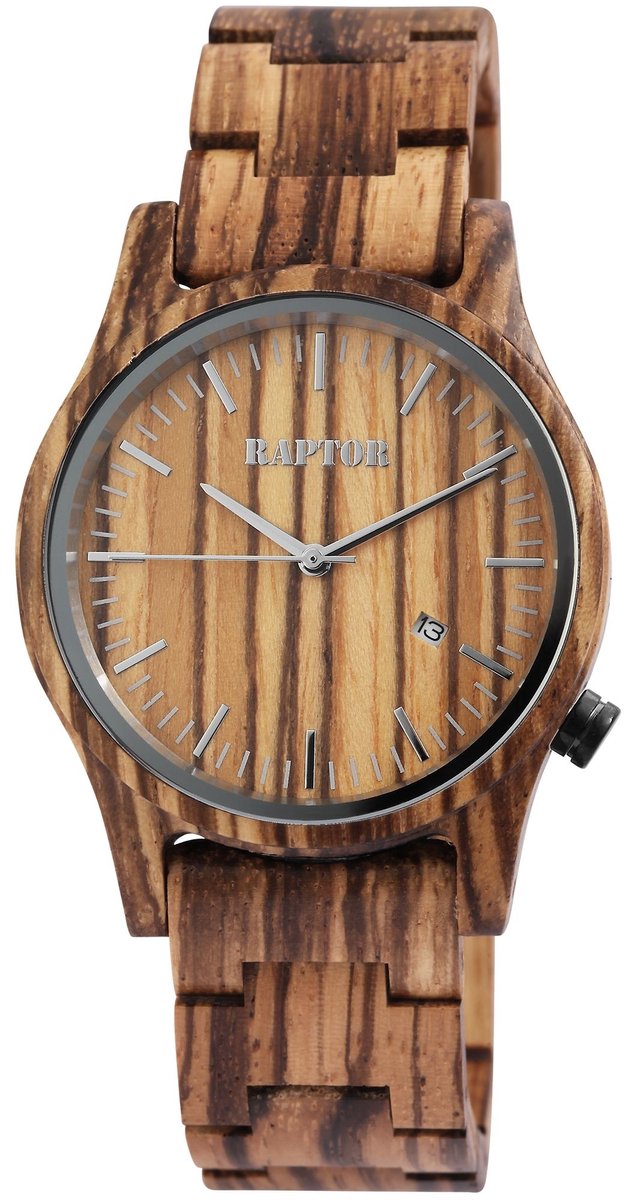 Raptor Herenhorloge zebrahout Piraat met houten armband, datumaanduiding, inclusief houten geschenkdoos