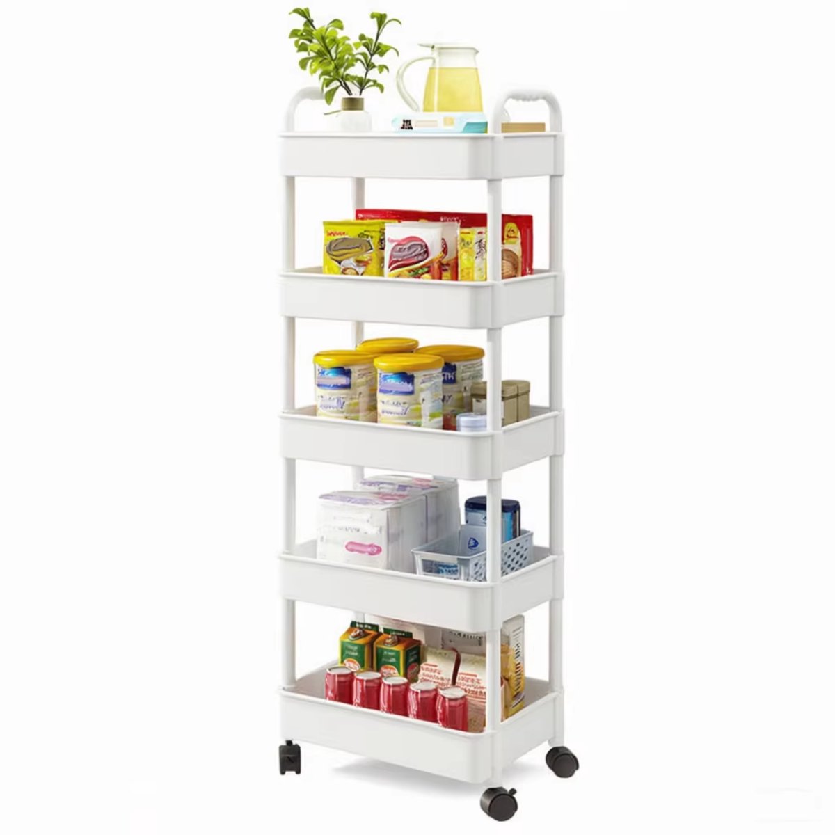 Happiq 5-laags rollende kar-organizer - Voor badkamer, keuken & wasruimte - Mobiel opbergsysteem met wielen - Metaal/kunststof - Wit White