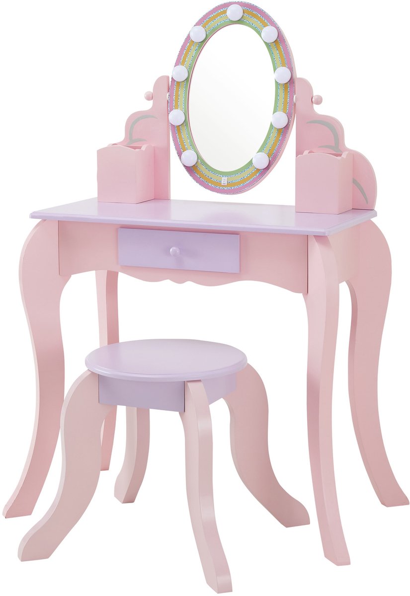 Teamson Kids Houten Kaptafel Kinderen - LED Lichten - Tafel en Stoel Set - Roze