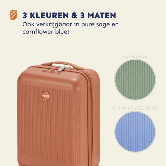 Roestbruine koffer, ook verkrijgbaar in groen en blauw, met staal en blauwe kleurvoorbeelden.