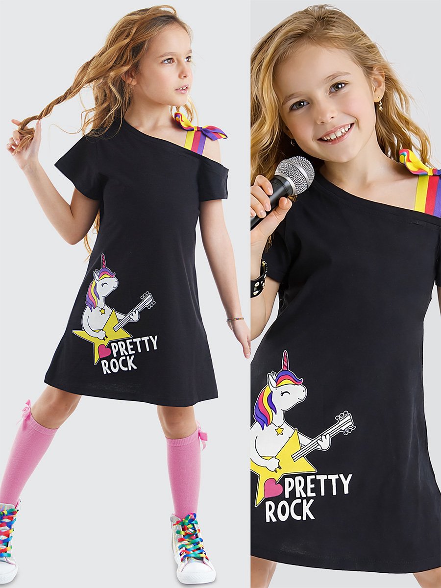 MSHB&G MS-23Y1-002 Zwart Meisjes Jurk Unicornprint Rock 116