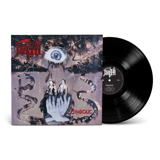 LP met albumhoes: oog, twee figuren, slang-achtige vormen. Tekst: DEATH SYMBOLIC.