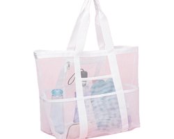 Strandtas — Strandtas van mesh — Ruime draagtas voor aan zee — Veelzijdige opbergtas van mesh voor reizen, fitness en sport — Ontworpen voor gezinsuitjes — Biedt plaats aan speelgoed en vakantiebenodigdheden — 43 x 20 x 39 cm