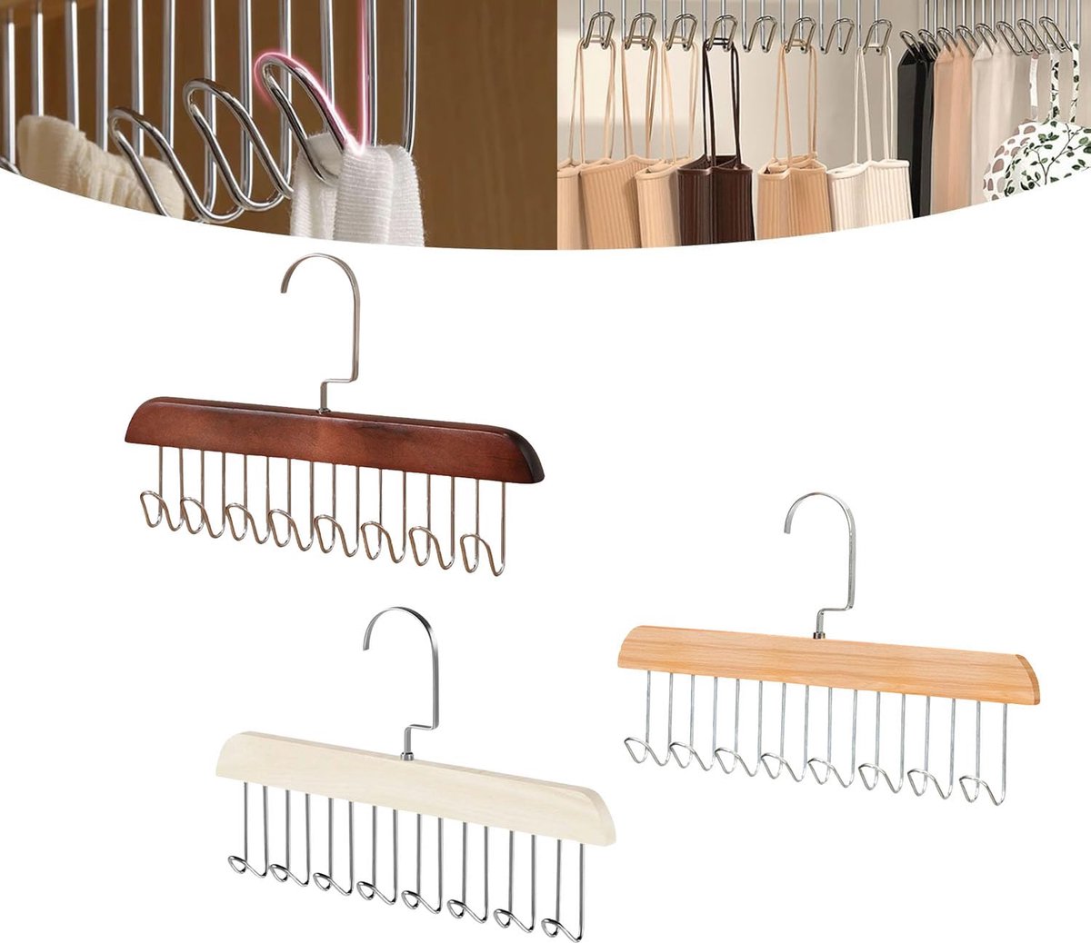 Set van 3 Riemhouders - Houten en Roestvrij Stalen Constructie - 360° Draaibaar met 8 Haken