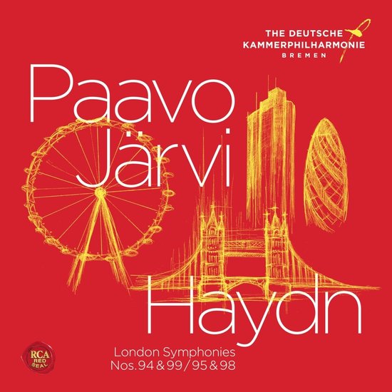 Albumhoes met rode achtergrond en schetsen van Londense iconen in geel. Titel: Paavo Järvi Haydn London Symphonies.