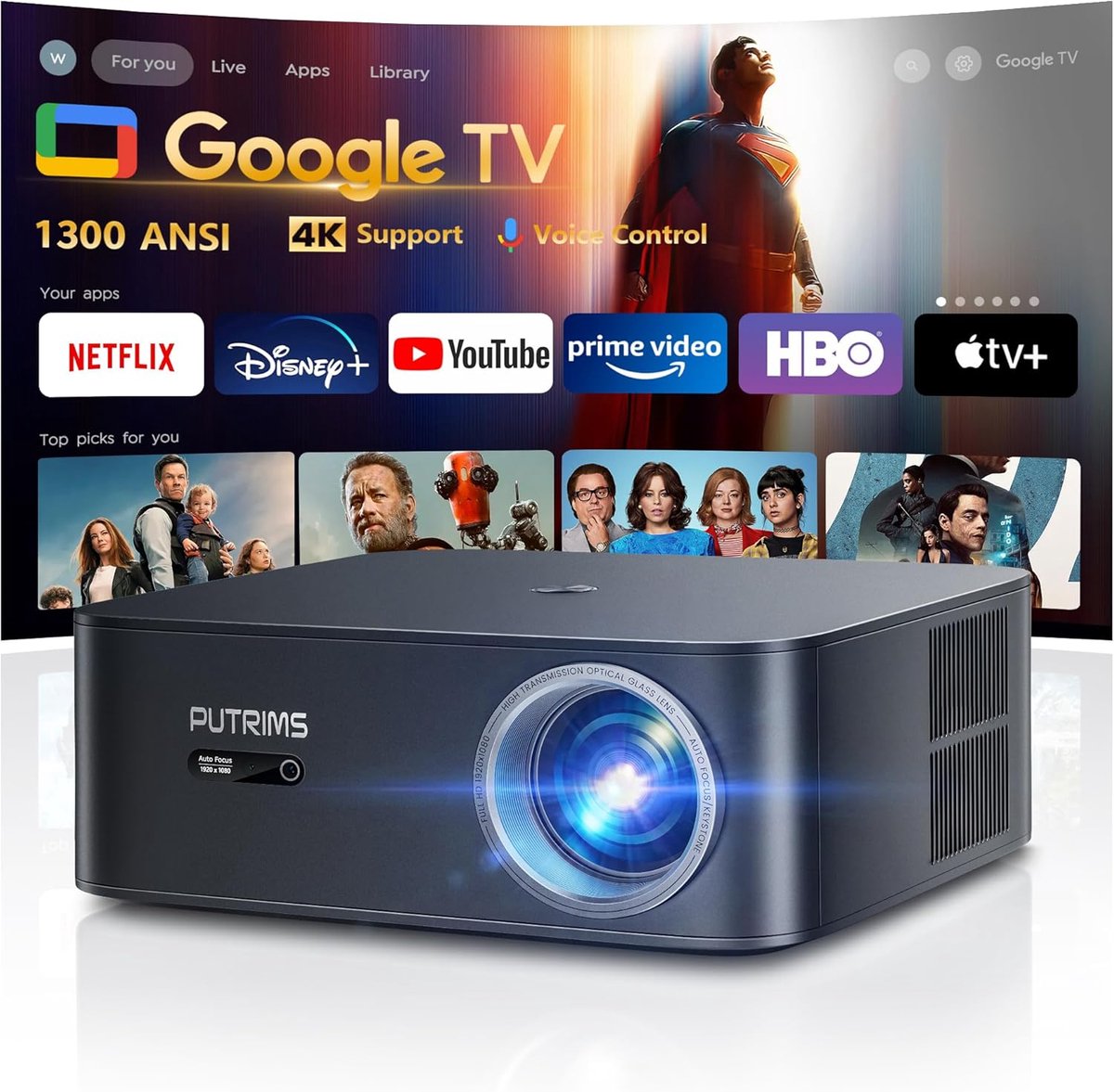 MELVRA Beamer - 4K Beamer - Smart Google TV - 1200 ANSI Lumen - Netflix - Autofocus & Keystone - WiFi6 & Bluetooth - 300 inch - Outdoor & Daglicht - LED - Plafondmontage - Zwart