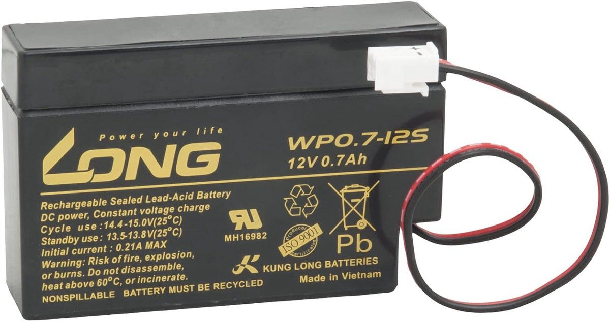 12V 0,7Ah Loodzuur Accu met JST Connector