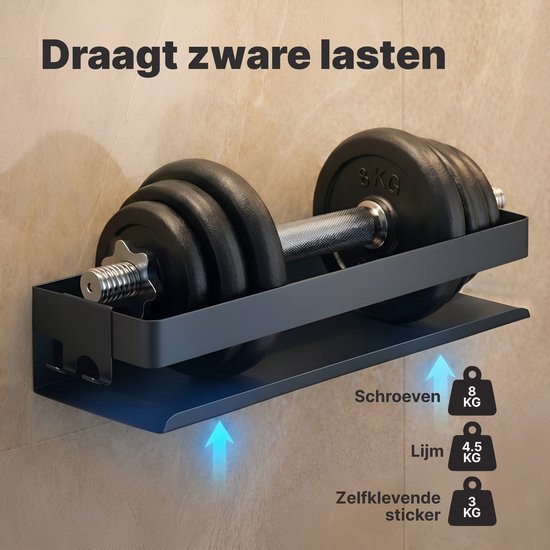 Zwart doucherekje met een dumbbell van 8 kg, dat zware lasten draagt. Toont gewichtsindicaties per montagemethode.