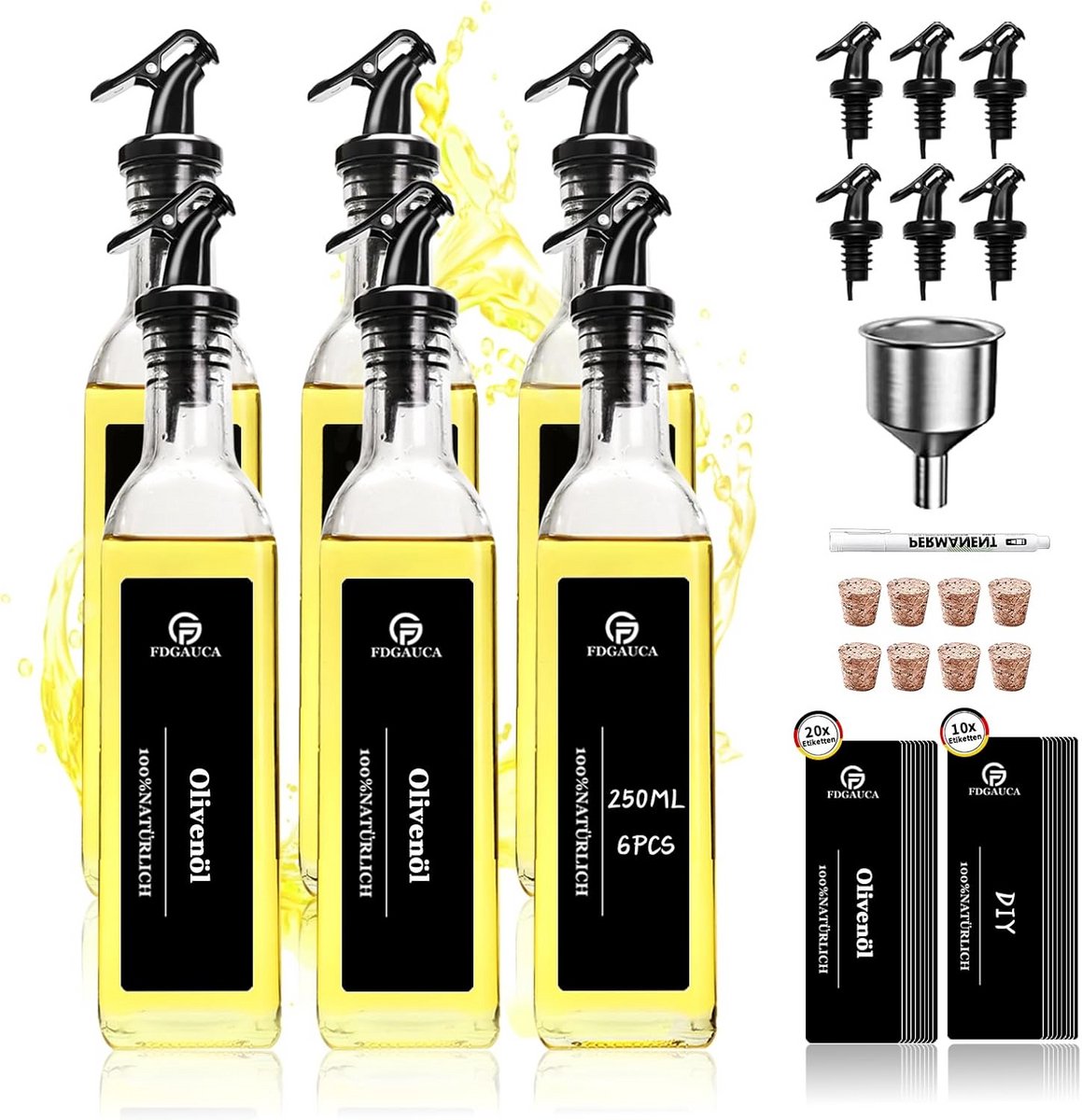 Set van 6 Glazen Olijfolieflessen 250ml met Pompen - Dispenser voor Olie en Azijn