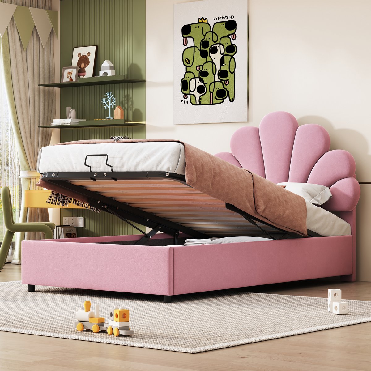 Wishdor Gestoffeerd Bed 90x200 cm – Bloemvormig Hoofdbord – Hydraulische Opbergruimte – Fluweel – Roze