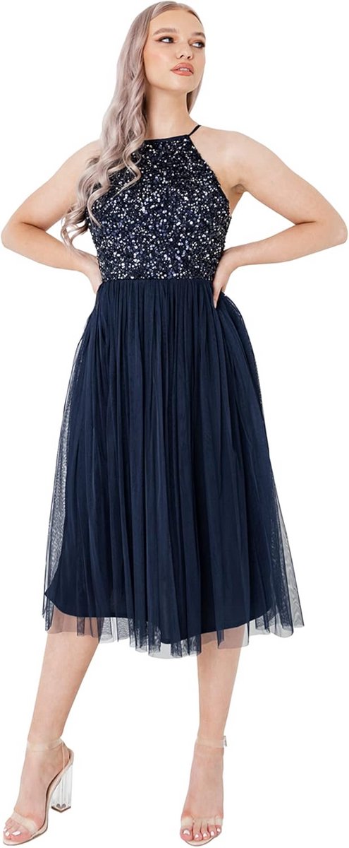 Elegante Midi Jurk met Halternek en Tule voor Gala, Bruiloft en Feest