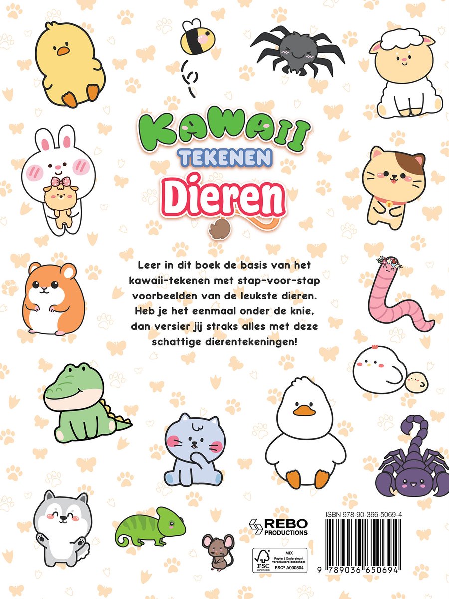 Achterkant van Kawaii Tekenen Dieren boek, met illustraties van een kuiken, bij, spin, schaap, konijn, kat, hamster, worm, krokodil, poesje, eend, schorpioen, wolf, en muis.
