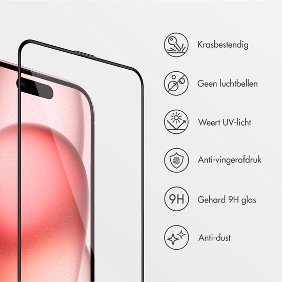 Gedetailleerd overzicht van de kenmerken van de screenprotector: krasbestendig, geen luchtbellen, UV-licht werend, anti-vingerafdruk, 9H glas, anti-stof.