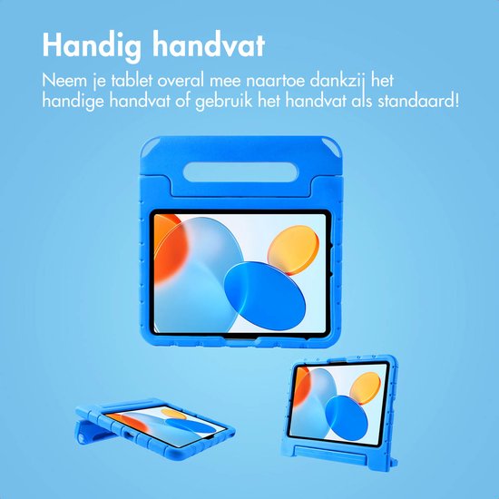 Blauw tablethoes met handvat, staand en liggend, met afbeelding van een tablet.
