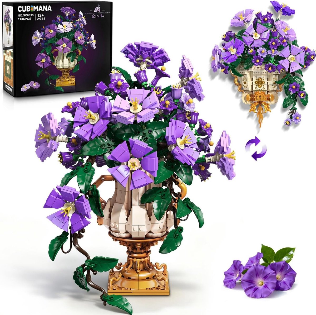 PLAXSOON 2-in-1 Klimop & Pot Bouwsets - 1136 Delen Paarse Morning Glory Muurdecoratie - Vintage Bloempot DIY Botanisch Bouwpakket voor Volwassenen Kinderen 12+