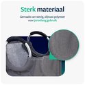 Grijze wasmand van sterk, slijtvast polyester met aluminium handgrepen.