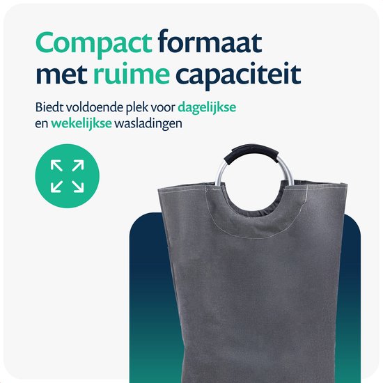 Grijze wasmand met "LAUNDRY" opdruk en zilveren handvatten, compact formaat met ruime capaciteit.
