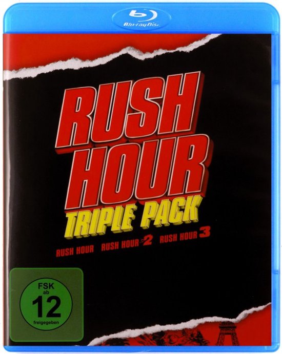 Blu-ray hoes met rode en zwarte scheuren. Grote rode tekst 'RUSH HOUR' boven gele tekst 'TRIPLE PACK'. Toont 'RUSH HOUR', 'RUSH HOUR 2', 'RUSH HOUR 3' onderaan. Groen FSK 12-logo links.