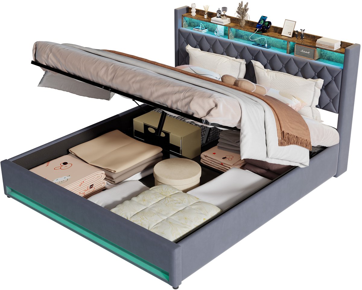 MODFU Luxe Gestoffeerd Bed 180x200 cm – 216x182,5x117 cm – Nederlands fluweel met LED, USB en hydraulische opbergruimte – Vintage design – Grijs