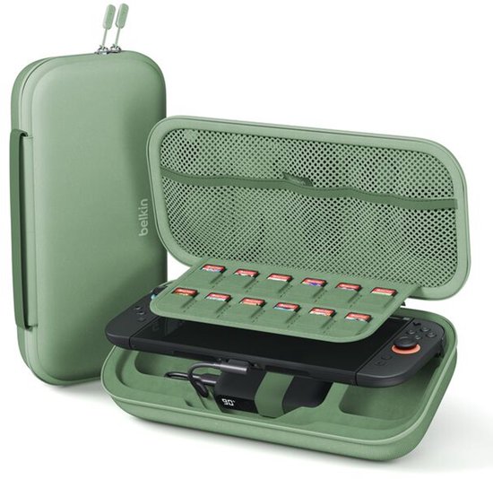 Groene gamehoes, opengeklapt met Nintendo Switch, 12 gamekaarten en een powerbank.