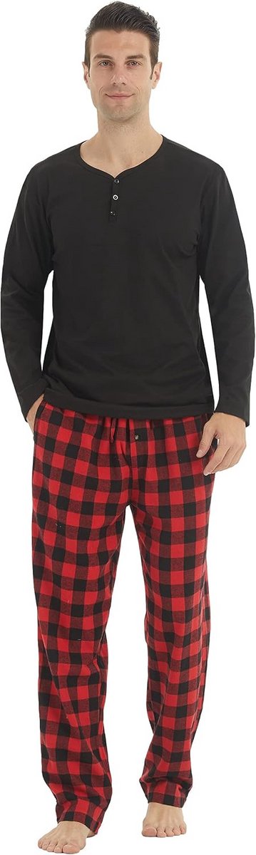 Comfortabele Heren Pyjamaset Lange Mouwen T-Shirt en Geruite Broek Loungekleding
