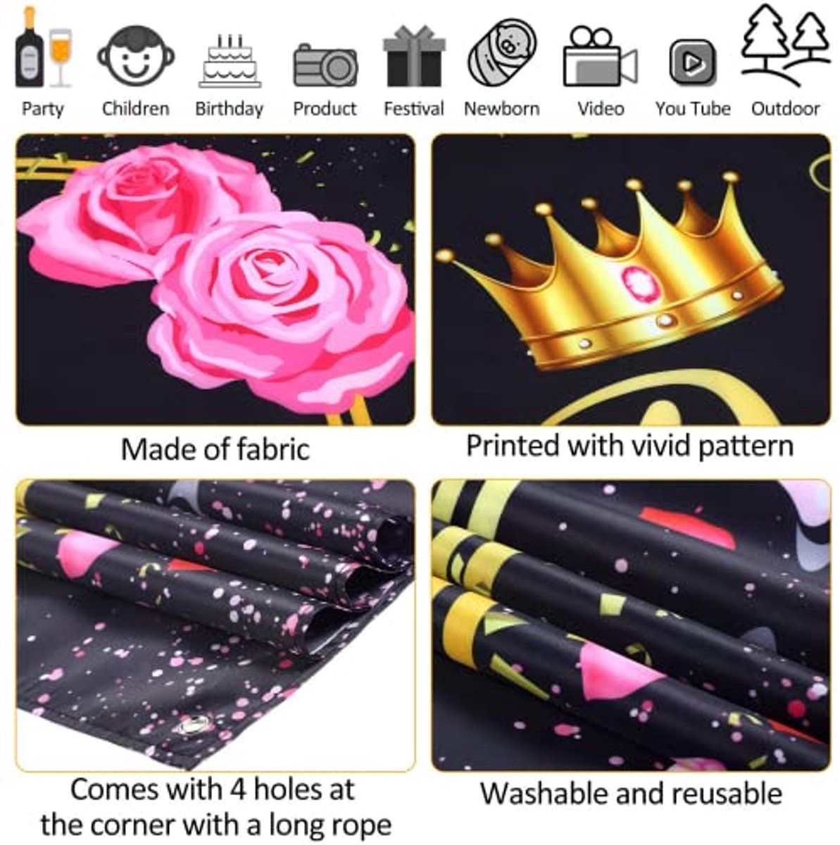 Vrouwen Gelukkige Verjaardag Party Achtergrond Stof Zoete Gouden Verjaardag Fotografie Achtergrond met Ballonnen Hakken Rose Champagne voor Vrouwen Verjaardag Party Decor, 180x120cm