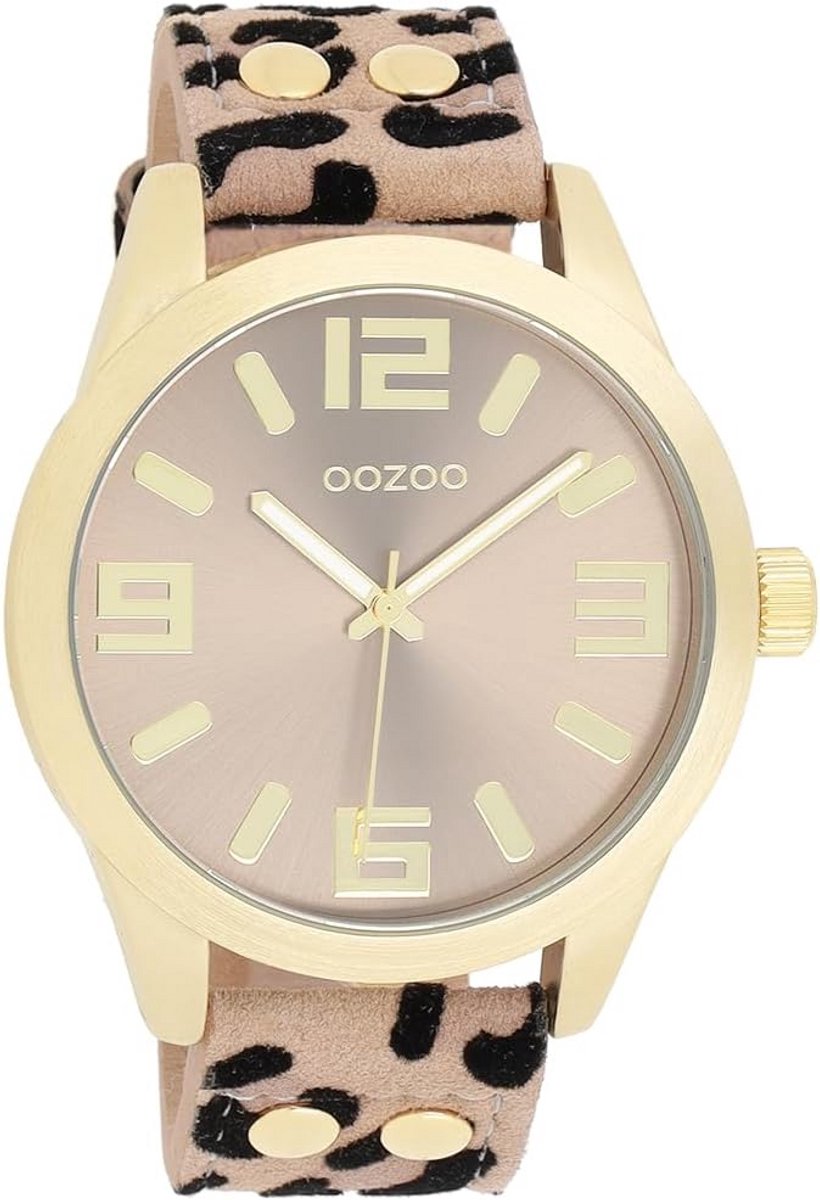 Dameshorloge met leren band en luipaardprint, analoog en elegant