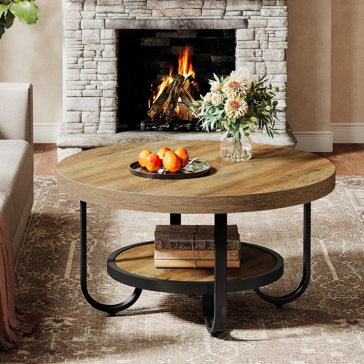Ronde Salontafel met 2 Lagen en Opbergruimte, Industrieel Design