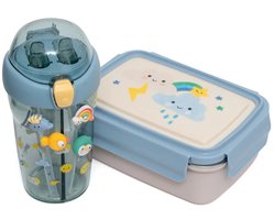 Bundel Petit Monkey Back to School set Sparkling Sky - Bentobox + Drinkfles - Blauw