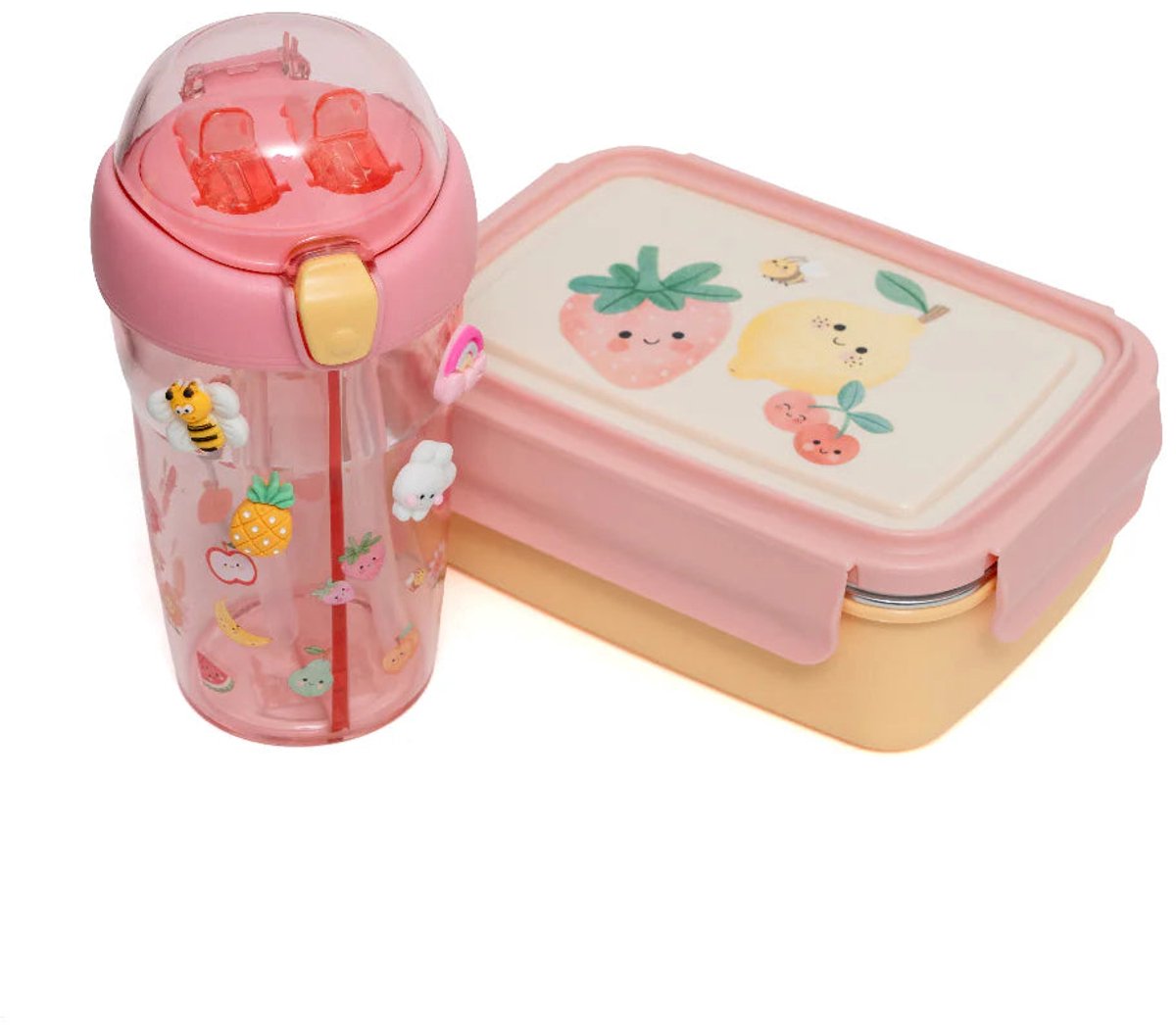 Bundel Petit Monkey Back to School set Sparkling Fruits - Bentobox + Drinkfles - Roze