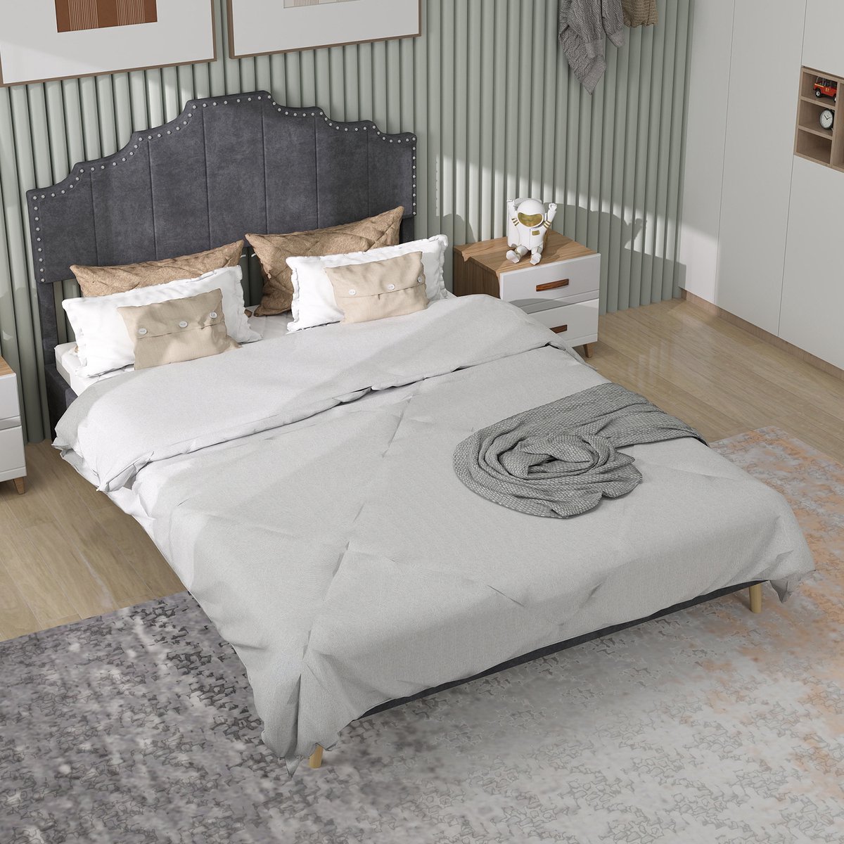 REDOM gestoffeerd bedframe 160x200 cm – Stof + metaal grijs – Geometrisch hoofdbord met sierspijkers – Lattenbodem – 2 pakketten