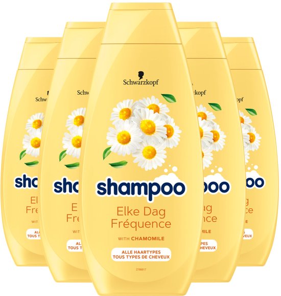 Cinq bouteilles de shampooing jaune avec des fleurs de camomille, "Schwarzkopf shampooing Chaque Jour Fréquence à la camomille"