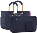 Donkerblauwe shopper met ruitpatroon en goudkleurig frame, naast een donkerblauwe etui met rits.