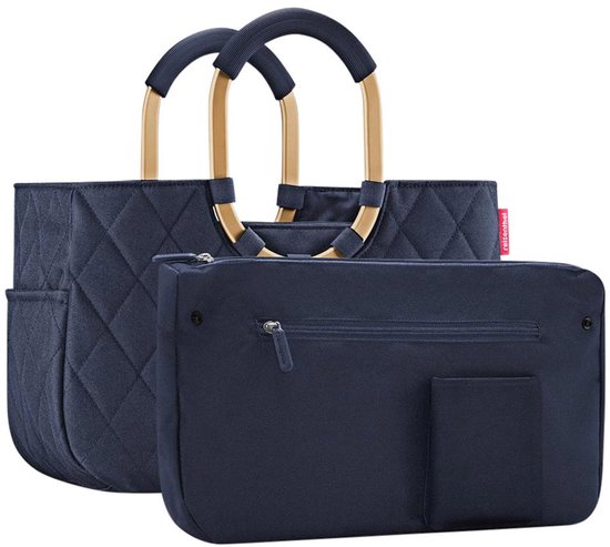 Donkerblauwe shopper met ruitpatroon en goudkleurig frame, naast een donkerblauwe etui met rits.