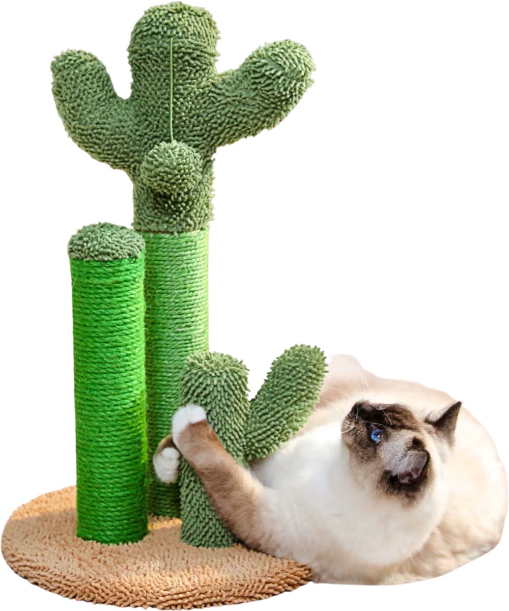 EcoPawPaw-Katten Krabpaal Cactus - 3 Palen - Sisal Krabpaal met Speeltje - Antislip Basis - Krabmeubel voor Katten