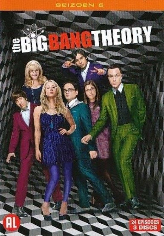 De cast van The Big Bang Theory seizoen 6 staat samen in een gang met een geometrisch patroon.