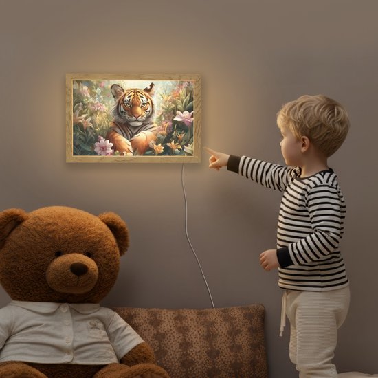 Nachtlampje 30x20 cm - Kinder lampje - Tijger - Bloemen - Jungle - Dieren - Tafellamp kinderkamer - Slaapkamer lamp - Bedlamp kinderen - Kinderlampje stopcontact - Wandlamp babykamer - Nachtlampjes van Merkloos — afbeelding 5