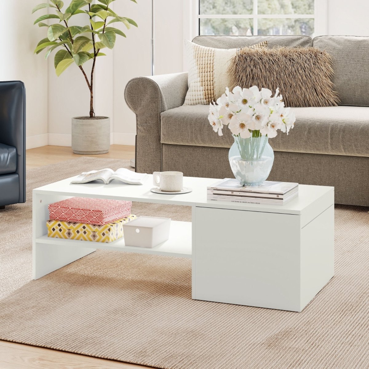 Wishdor Salontafel - Verstelbaar Tafelblad En Dubbele Opbergruimte - Modern - Voor Woonkamer - Spaanplaat Met Melamine - Wit - 110 X 52 X 36 Cm