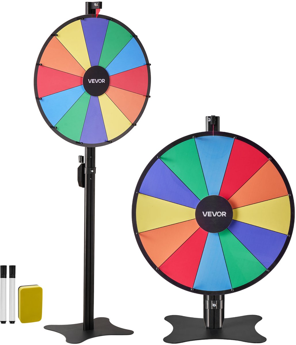 VEVOR 24-Inch Draaiwiel met 12 Gleuven, Standaard, Afwasbaar Oppervlak en 2 Markers, In Hoogte Verstelbaar, Roulette-Draaiwiel, Kansspel voor Feesten, Cafés, Kermissen en Festivals