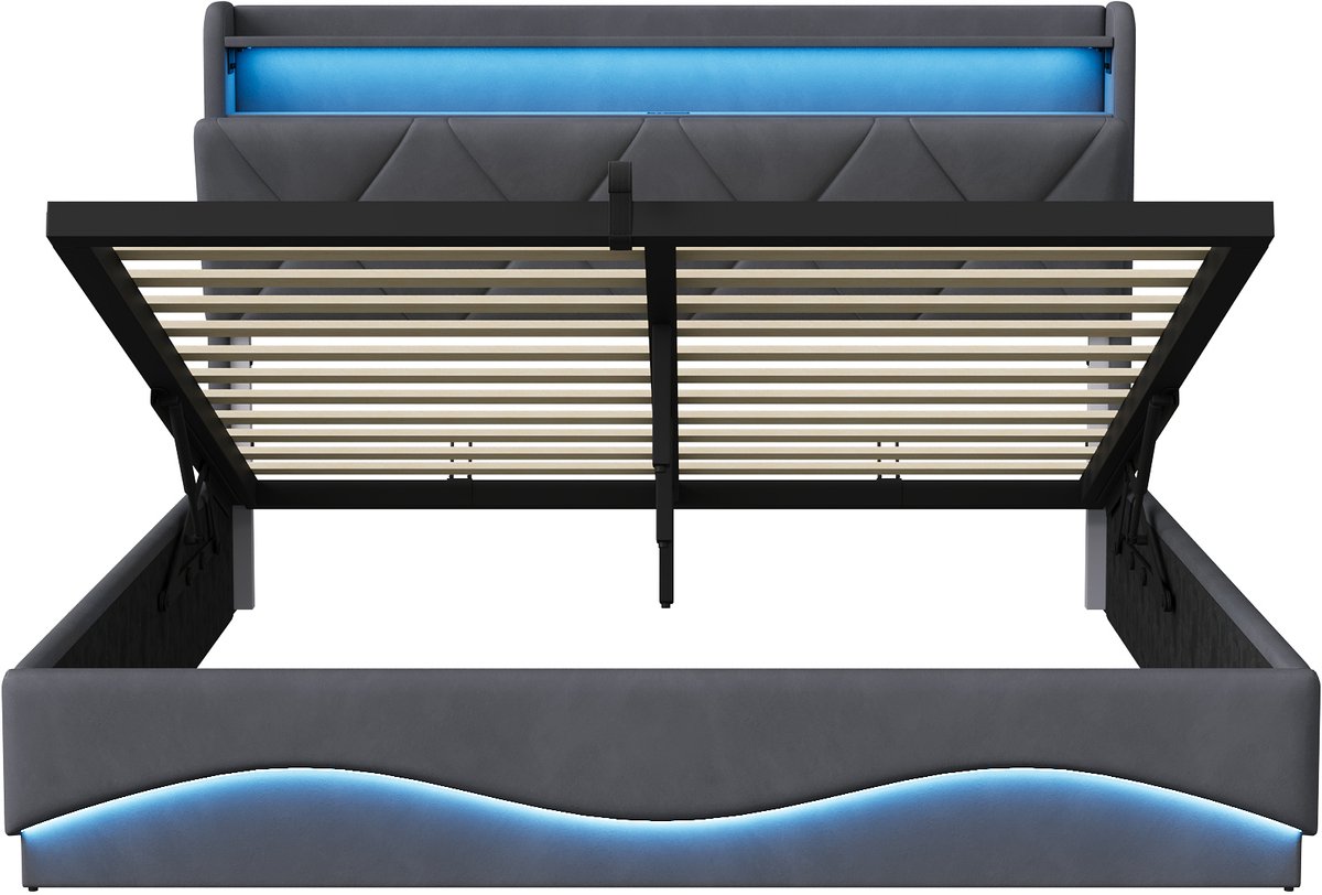 Boxspring Bed 160x200 cm met Opbergruimte, Hoofdeinde met Plank en LED Verlichting, USB-C & USB Oplaadpoorten, Hydraulisch Opklapbaar, Grijs thumbnail 2