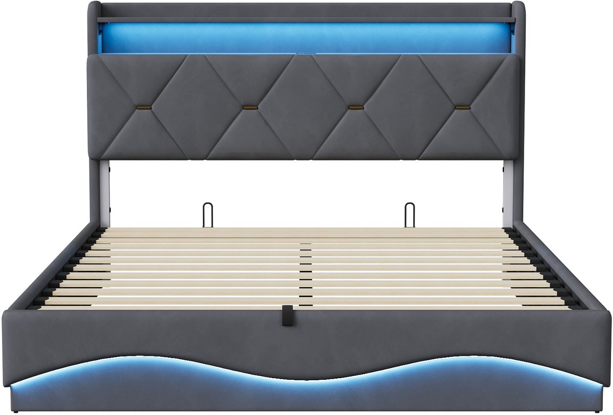 Boxspring Bed 160x200 cm met Opbergruimte, Hoofdeinde met Plank en LED Verlichting, USB-C & USB Oplaadpoorten, Hydraulisch Opklapbaar, Grijs thumbnail 5