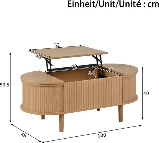 Eikenhouten salontafel met ribbeldetails en lift-top. Afmetingen: 100x48x40 cm. De tafel is 53,5 cm hoog wanneer geopend.