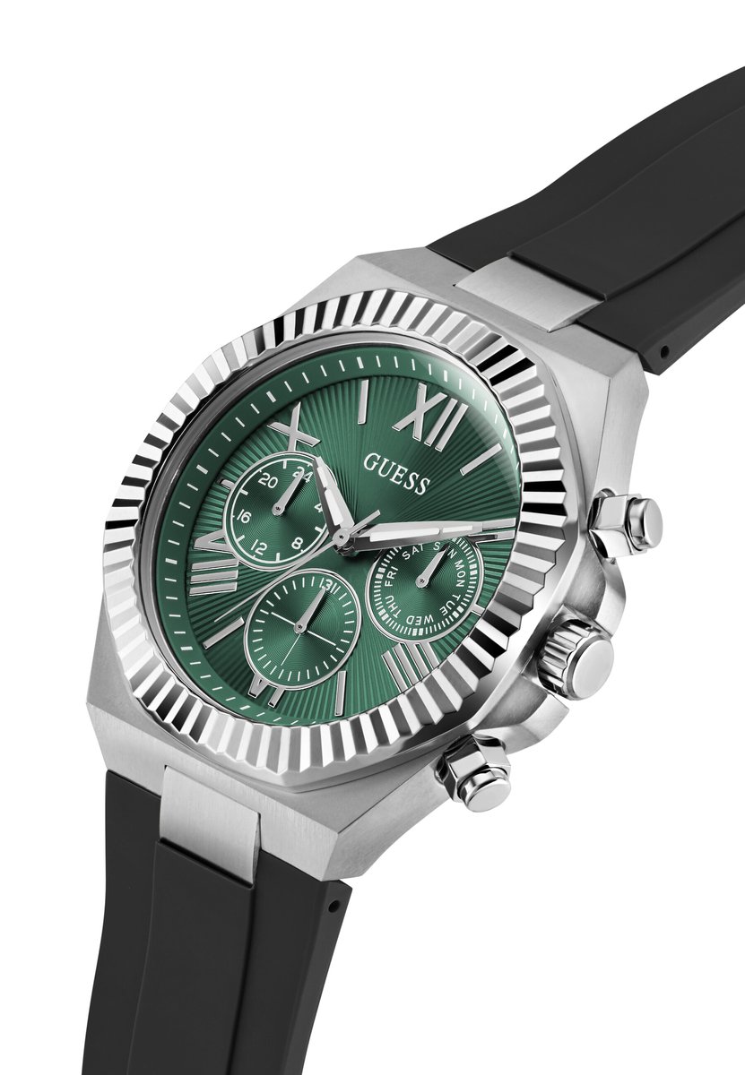 Guess Equity Quartz Analoog Horloge Zwart Kast: 100% Roestvrij Staal | Armband: 100% Siliconen 44 mm GW1011G1, GW1011G2