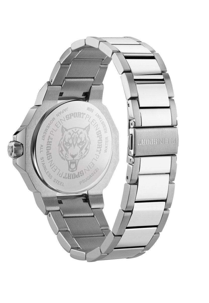 Plein Sport Titan 3H Quartz Analoog Horloge Roestvrij Staal En Groen Kast: 100% Gerecycled Roestvrij Staal| Armband: Siliconen 44 mm PSUGA0126, PSUGA0326, PSUGA0426, PSUGA0526, PSUGA0626