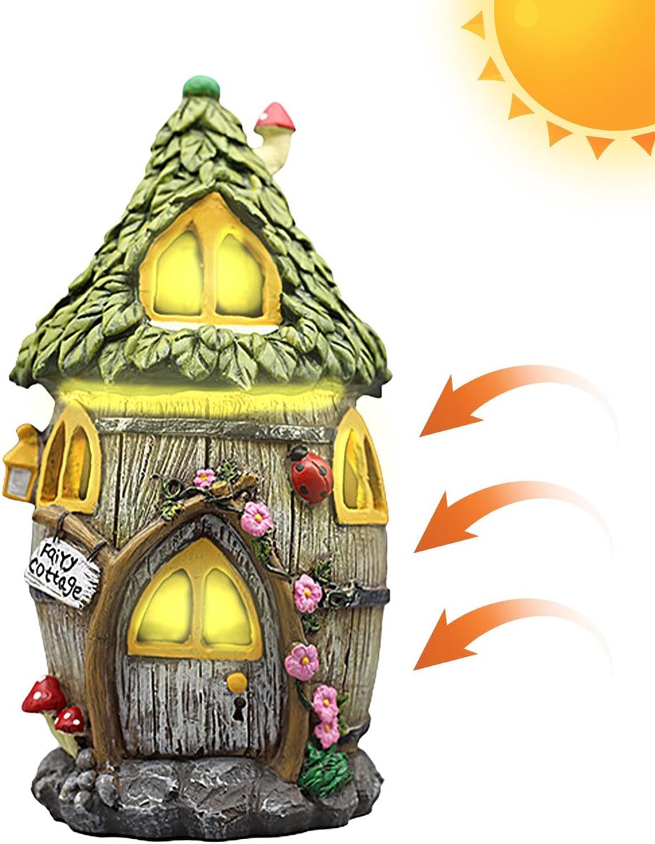 Feeëntuinhuis Zonne-energie - Miniatuurhut Tuinbeeld - Buiten Decoratie - Weerbestendig Licht - 20cm Breed - Gekleurd
