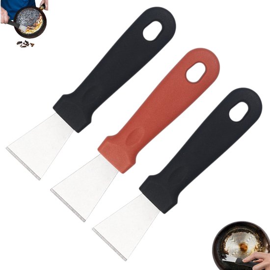 3 stuks - Schoonmaakschraper - Roestvrijstalen keukenschraper - Zwart + Rood - Multifunctionele keukenschraper - Roestvrijstalen schraper - Schraper met kunststof handvat - Roestvrijstalen schraper