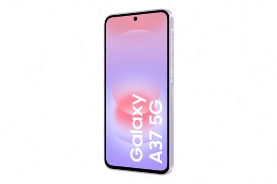 Paarse Samsung Galaxy A37 5G smartphone, zijaanzicht met scherm met paars-roze gradient.