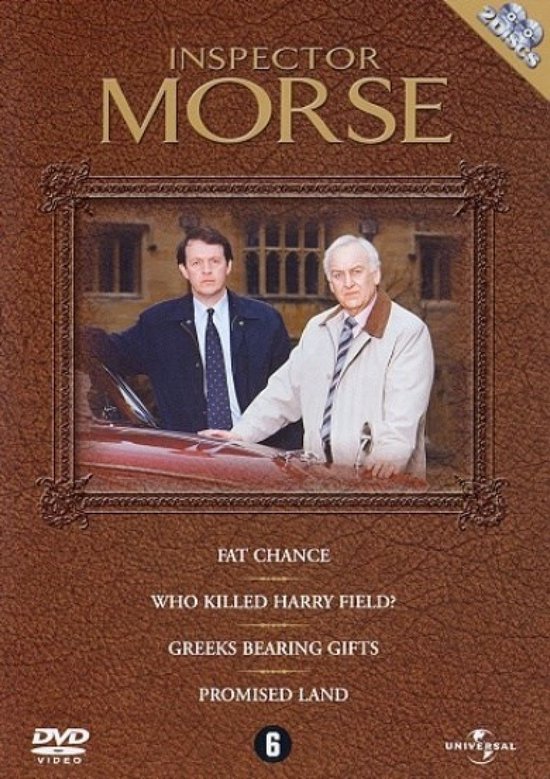DVD-hoes van Inspector Morse met twee mannen naast een rode auto, met de titels "Fat Chance", "Who Killed Harry Field?", "Greeks Bearing Gifts" en "Promised Land".