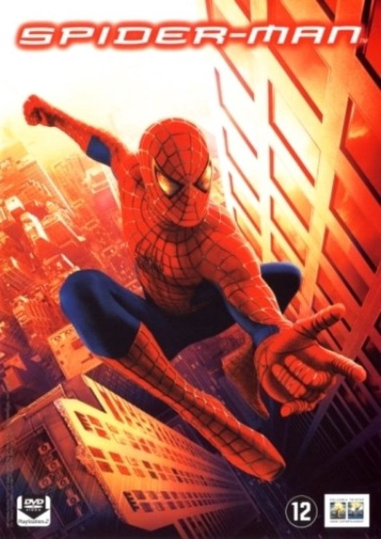 Spiderman in rood met blauwe accenten, vliegend tussen gebouwen. Logo met SPIDER-MAN.